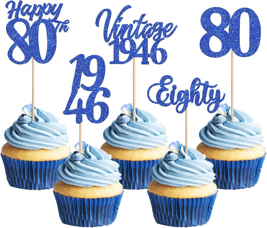 30PCS Happy 80th Birthday Cupcake Toppers Cheers to 80 Vintage 1946 Cupcake Picks Hello 80 Eighty 80th Birthday Decorations for 80th Wedding Anniversary Birthday Party Cake Decorations Supplies Blue