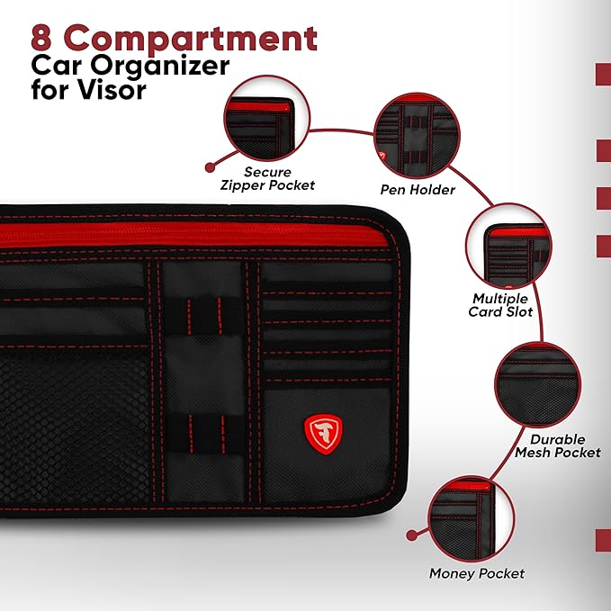 Firestone 1-Pack Car Sun Visor Organizer | 8 Compartment Car & Truck Visor Organizer with Holder & Slots for Sunglasses, License, Registration & More, Black Red
