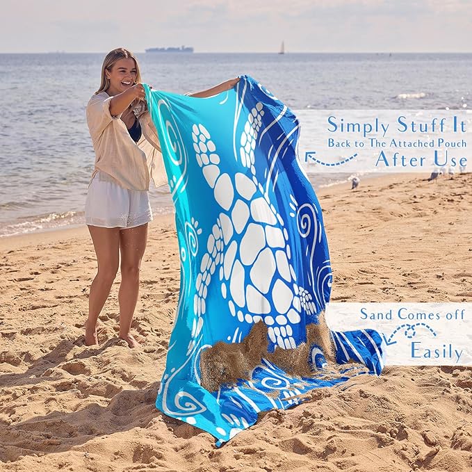 WEKAPO Beach Blanket Waterproof Sandproof Oversized Extra Large Sand Free Beach Mat with Stakes, Storage Bag - Essentials for Outdoor Beach, Picnic (Gradient Blue Sea Turtle, 8 X 7 FT (1~4 Person))