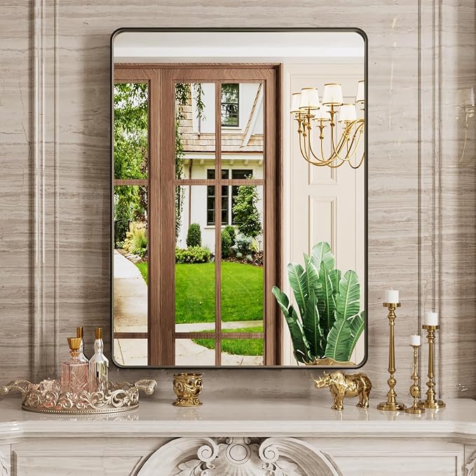 Black Bathroom Mirror, Black Metal Framed Mirror for Wall, Rounded Rectangle Matte Bathroom Vanity Mirror with Tempered Glass, Anti-Rust, Horizontal/Vertical