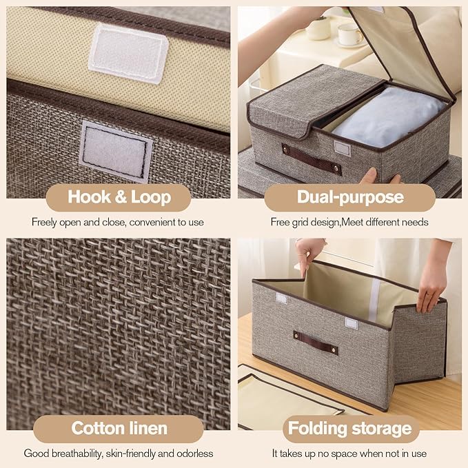 Linen Storage Boxes with Removable Dividers, 2-Pack Large Foldable Organizer Bins, Gray Fabric Containers with Handles for Clothes, Blankets, Underwear Storage (Grey, 2Pack*15L)