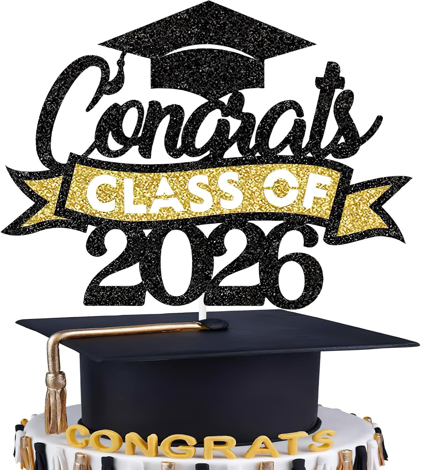 Graduation Cake Topper Class of 2026, Gold and Black Congrats Grad Cake Topper Glitter Graduation Cake Decorations 2026 Graduation Party Supplies for High School College Graduate Party