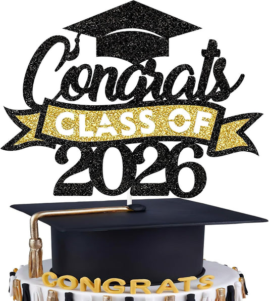 Graduation Cake Topper Class of 2026, Gold and Black Congrats Grad Cake Topper Glitter Graduation Cake Decorations 2026 Graduation Party Supplies for High School College Graduate Party