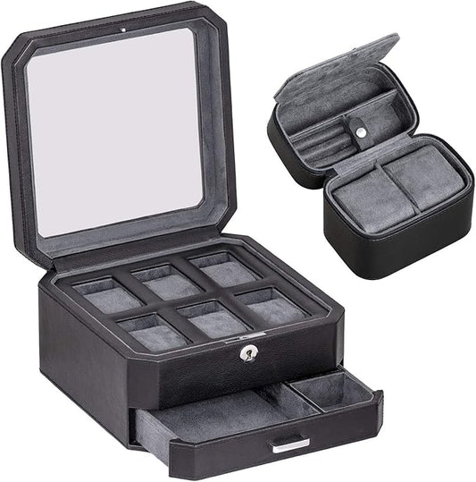 ROTHWELL Gift Set 6 Slot Leather Watch Box and 2 Watch Travel Case - Luxury Case Organizer, Microsuede Liner, Locking Mens Jewelry Watches Holder, Storage Boxes Glass Top (Black/Grey Gift Set)