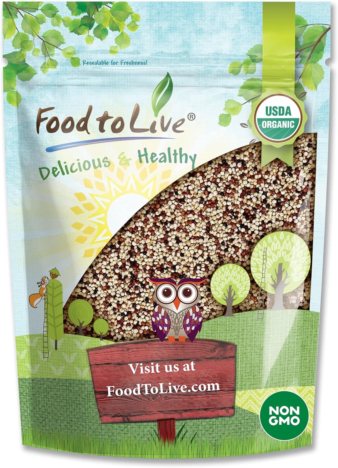 Food to Live Organic Tri-Color Quinoa, 5 Pounds — Non-GMO, Blend of White, Black, and Red Quinoa, Whole Grain, Raw Seeds, Non-Irradiated, Kosher, Vegan, Sproutable, Sirtfood, Bulk, Rice Replacement.