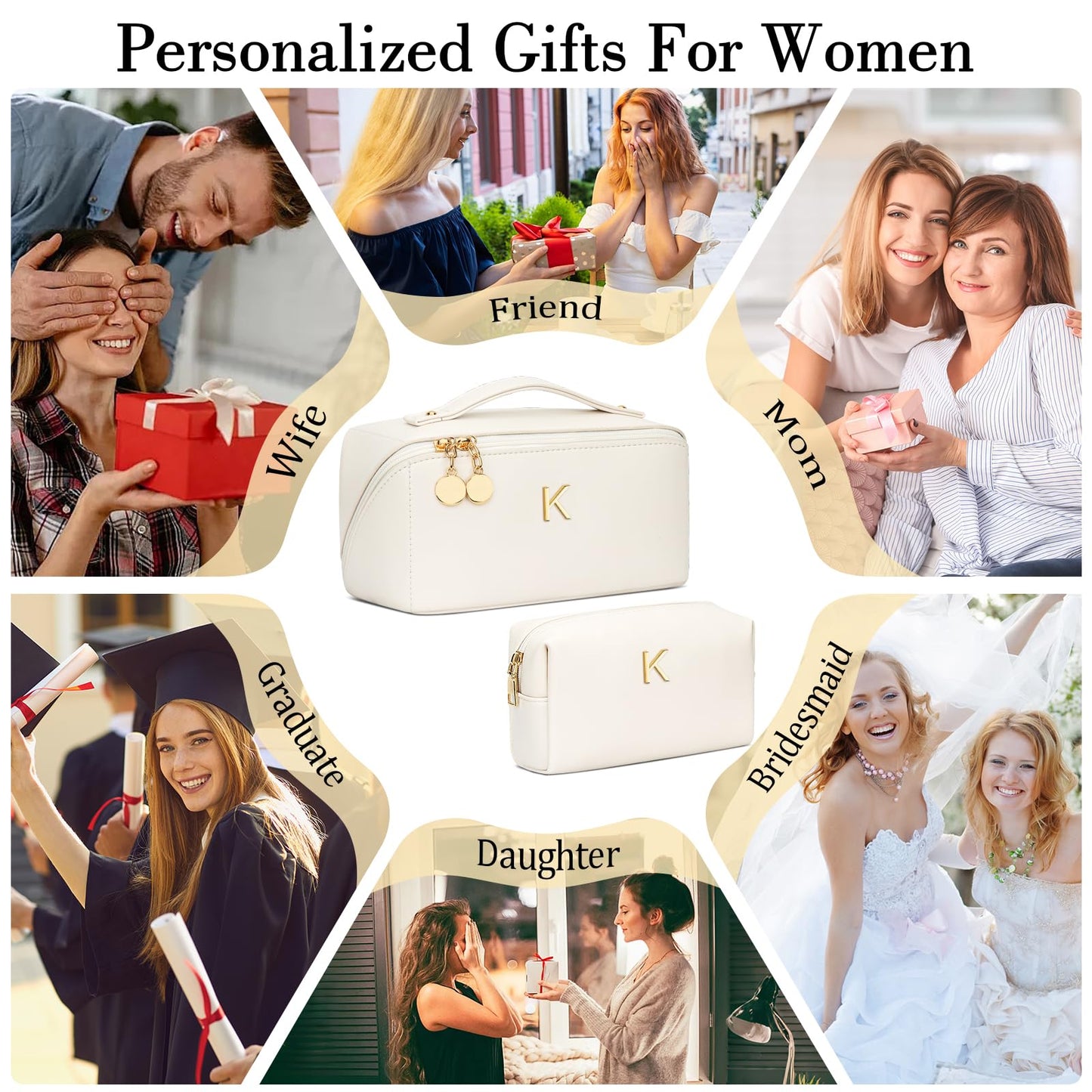 CLOUDWINGS Birthday Gifts for Women Teen Girl, Personalized Initial Makeup Organizer Bag Set, Open Flat Travel Cosmetic Bag With Clear Divider and Handle(Beige,K)