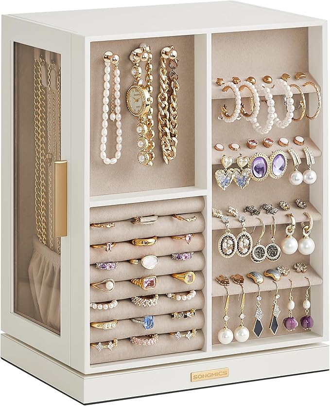 SONGMICS Jewelry Box 360Â° Rotating, Jewelry Storage Case with 5 Drawers, Jewelry Organizer, Glass Window, Spacious, Vertical Jewelry Storage, Open Design, Great Gift, Cloud White UJBC170W01