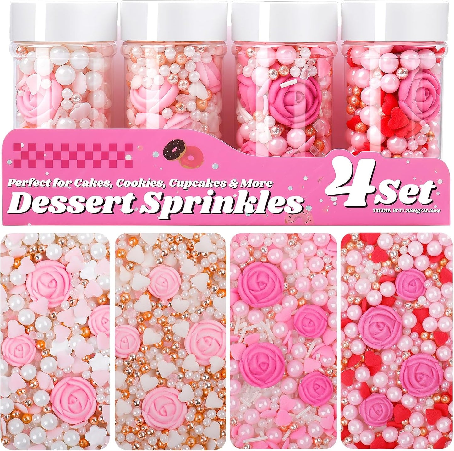 Spring Flower Sprinkles for Cake Decorating, 11.3oz Edible Red White Pink Sprinkles Mixed Pearls Heart Rose, 4 Jars Set Sugar Sprinkles for Valentines & Mothers Day Baking Cupcake Cookie