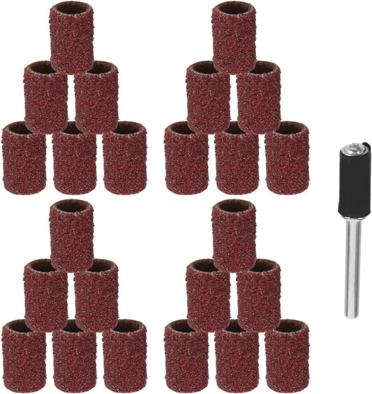 FRCOLOR 100pcs 80 Grit Sanding Drum Sleeves with 3.17mm Mandrel Mini Sandpaper Bands for Rotary Tool Sanding Drum Accessories Metal Rust Removal and Wood Polishing