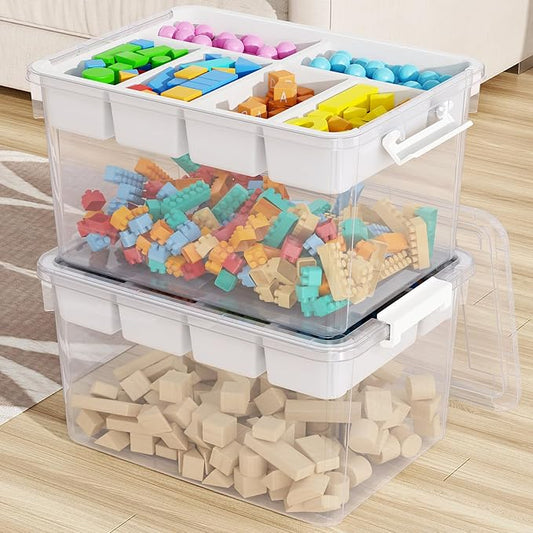 80Qt Large Stackable Storage Bins with Lids & Trays, Clear Plastic Latching Boxes Organizers with Dividers Portable 20Gal Containers for Arts & Crafts, Home and Car Trunk Organization, 2Pack