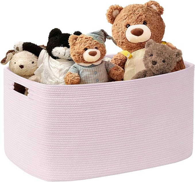45L Small Baby Girls Laundry Basket for Nursery Storage,Cute Woven cotton Rope Baskets for Kids Toyï¼Gifts, Boho Square Wicker Blanket hamper for Living Room,Bedroom Dirty Clothes,Pink