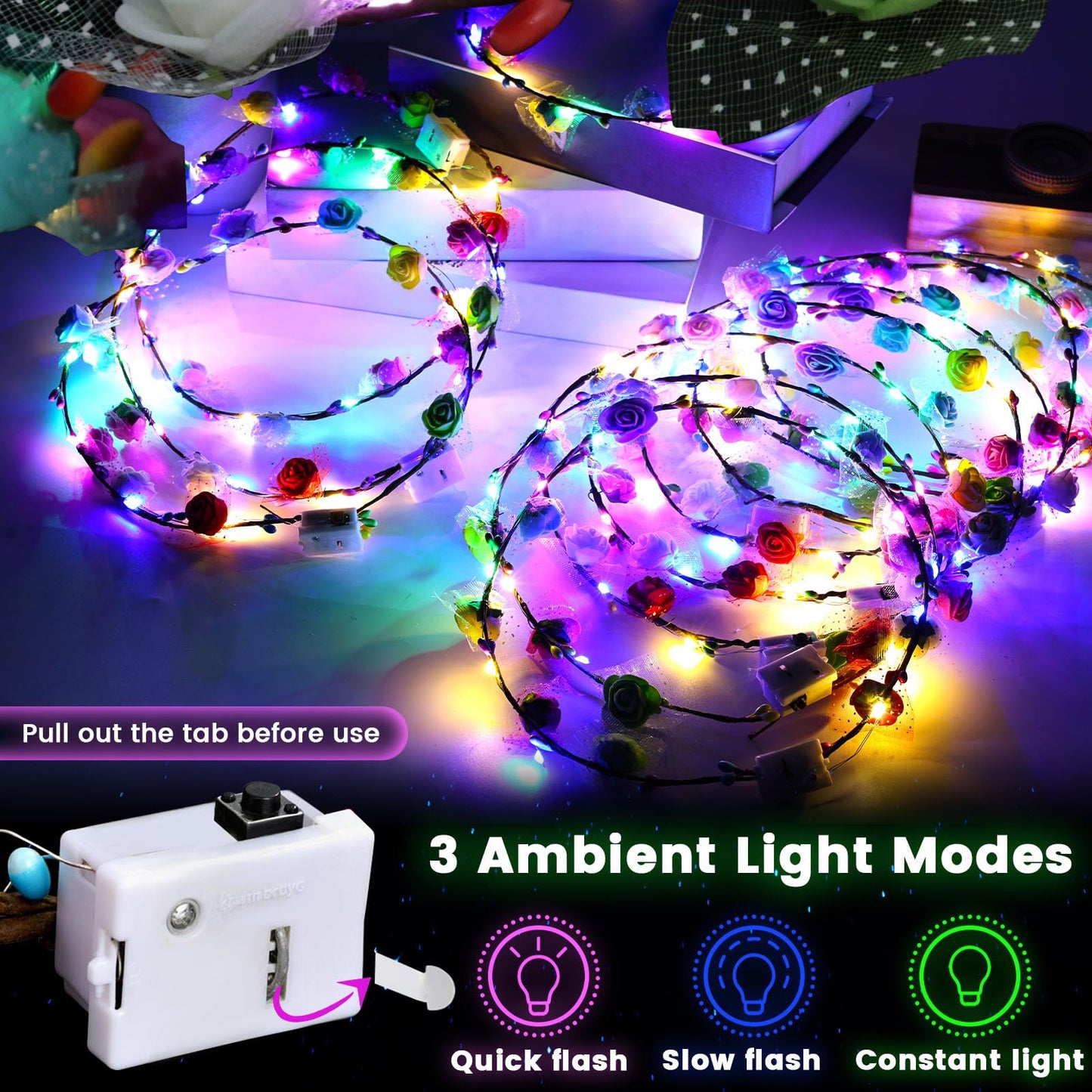 LovesTown 24PCS LED Flower Crowns Headbands, Light up Flower Crowns for Women Glow in the Dark Party Supplies for Halloween Christmas Party Wedding Birthday Mardi Gras Cosplay Gifts