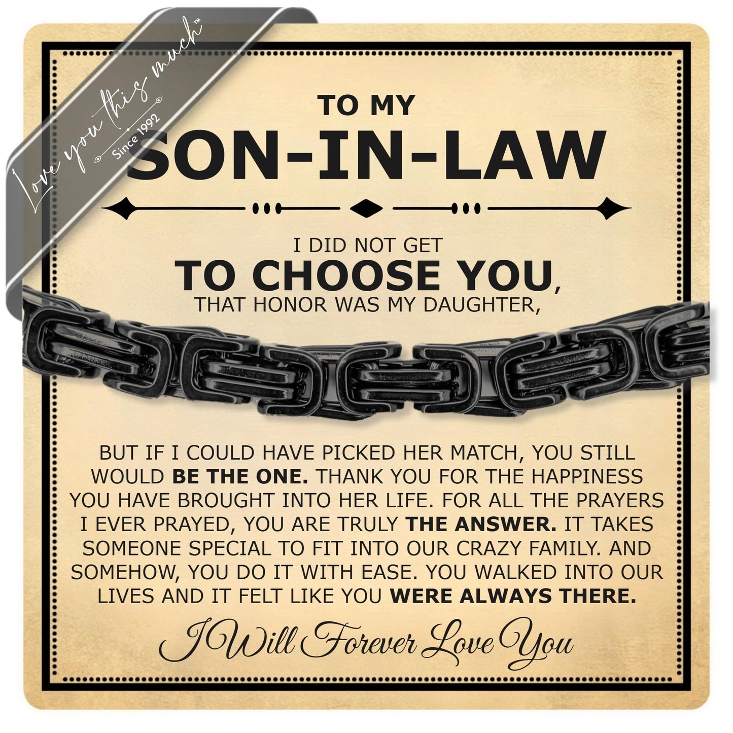 Love You This Much Son In Law Gift | Mens 5mm Twist Link Steel Bracelet | Best Present Ideas for Son in Law | 8" + 1" Extender | Luxury Gift Box & Card (Black/Black)