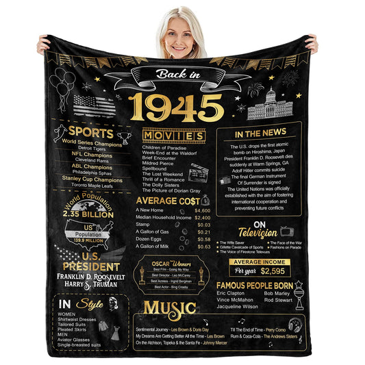 aisdfhsa 80th Birthday Gifts - Back in 1945 - Best 80th Birthday Decorations for Men & Women - Throw Blanket 60Lx50W