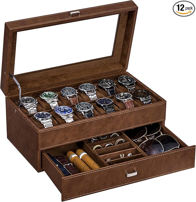 BEWISHOME Watch Box for Men, 12-Slot Watch Case, 2-Layer Watch Case With Drawer, Mens Jewelry Box with Large Glass Lid, Watch Display Case Watch Holder Organizer Watch Storage for Men Women Espresso