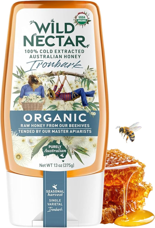 Wild Nectar Organic Honey - 100% Pure, Raw & Unfiltered Australian Honey - USDA Certified Organic - Ironbark, 13oz Squeeze Bottle