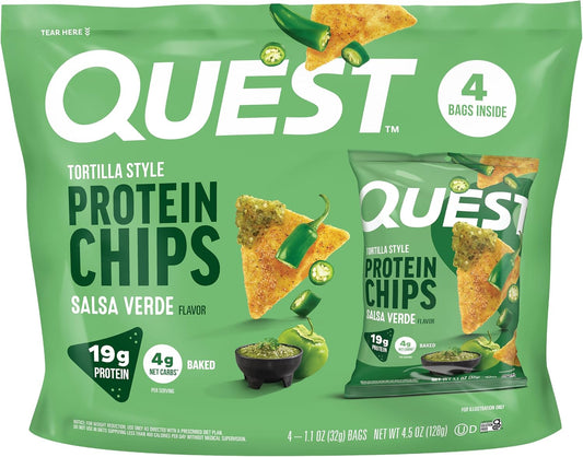 Quest Nutrition Tortilla Style Protein Chips, Salsa Verde, 19g of Protein, 4g Net Carbs, Gluten Free, 1.1 Ounce, 4 count