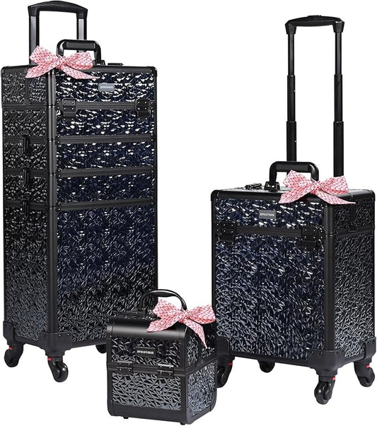 BYOOTIQUE Rolling Makeup Train Case on Wheels 3-Piece Lockable Cosmetology Organizer Kit Hair Tool Travel Bag for Lash Artist Nail Slon Beauty Studio Hairstylist Manicurist,Mermaid Black