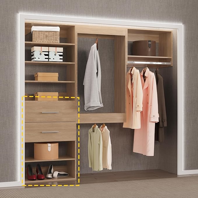 2 Drawer Short Tower Closet Unit, Modular Closet System, Wood Closet System Organizer with Storage for Walk In Closets, Clothing Rack Closet for Hanging Clothes, Bedroom, Wood, 19.5"W