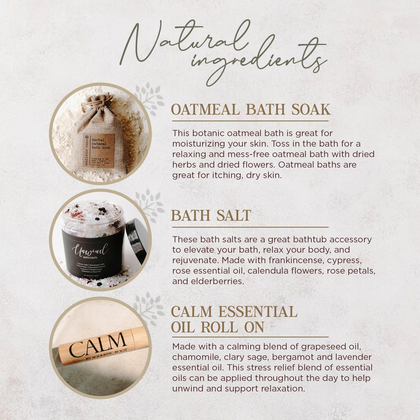 Soulistic Root Relaxing Bath Gift Set, Luxury Spa Gifts for Women, Self Care Products for Women and Men, Calm Essential Oil Roller, Oatmeal Lavender Bath Soak & Epsom Salts with Essential Oils