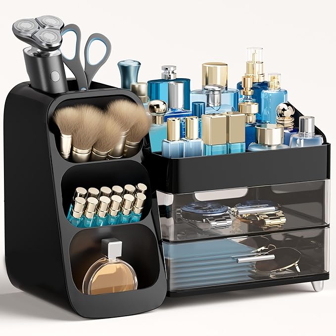 HBlife Makeup Organizer with Brush Holder for Vanity, Large Plastic Bathroom Countertop Organizer Cologne Organizer for Men, Easy to Store Lipsticks, Nail Polishes, Perfumes, Eyeshadow Palettes, Black