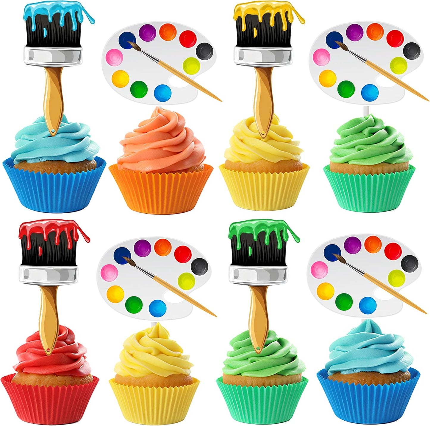 24pcs Art Paint Party Cupcake Toppers Paint Brush and Palette Theme Cupcake Toppers for Artist Birthday Party Decorations Art Painting Party Baby Shower Supplies