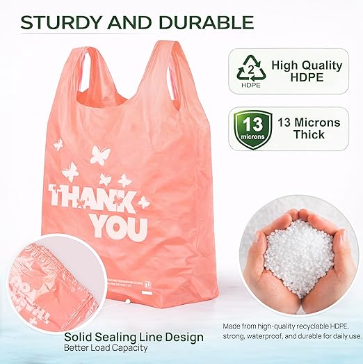 PINK Thank you bags, 100PCS T shirt bags, To Go Bags,Grocery bags, Reusable and Disposable,Perfect for Small Business,Take Out,Retails,11 inchx6 inchx21 inch(100),Large