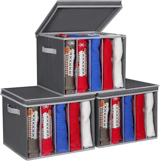 Zilink Upgraded Sweater Organizer for Shelf with Lids and Support Boards Clothes Organizer for Closet with 5 Grids Divider Sweater Storage Bins for Sweaters, Jeans, Pants, Black Pattern, 3 Pack