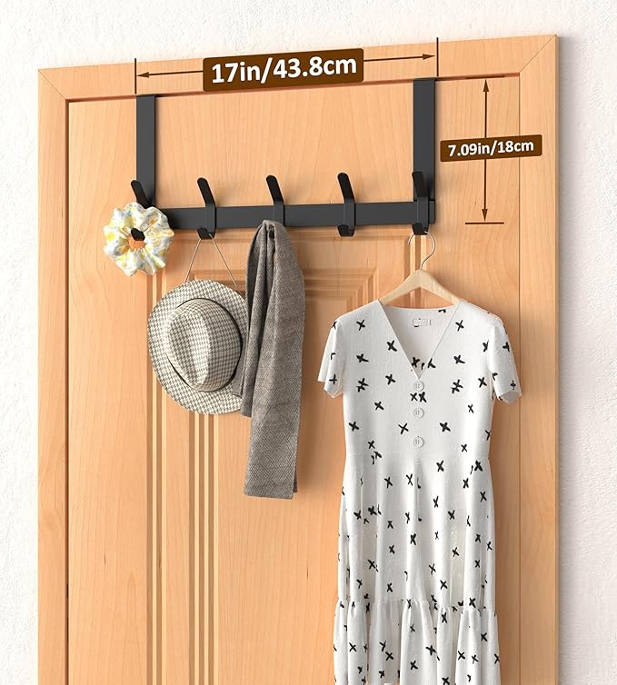 Over The Door Hooks Hanger with 7" Arms for Hanging Heavy Coats, Towel, J7U, Perfectly Fits US Standard 1 3/8-inch Doors, Towel Rack Bathroom Organizer Holder, Rustproof, Matte Black