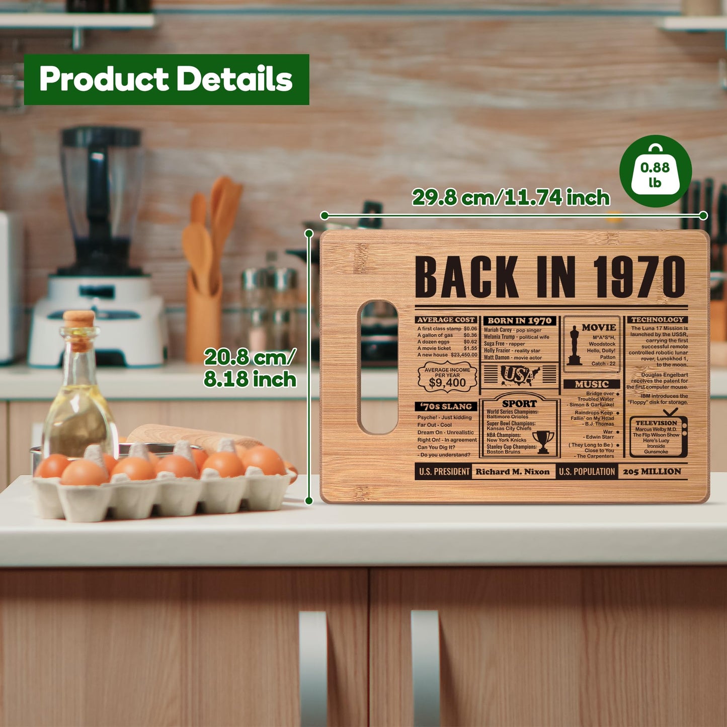 55th Birthday Gift for Women Men,55 Year Old Birthday Gifts for Her Him,55 Years Gifts for Mom Dad Grandparents Wedding Anniversary,Back in 1970 55s Birthday Decorations Engraved Bamboo Cutting Board