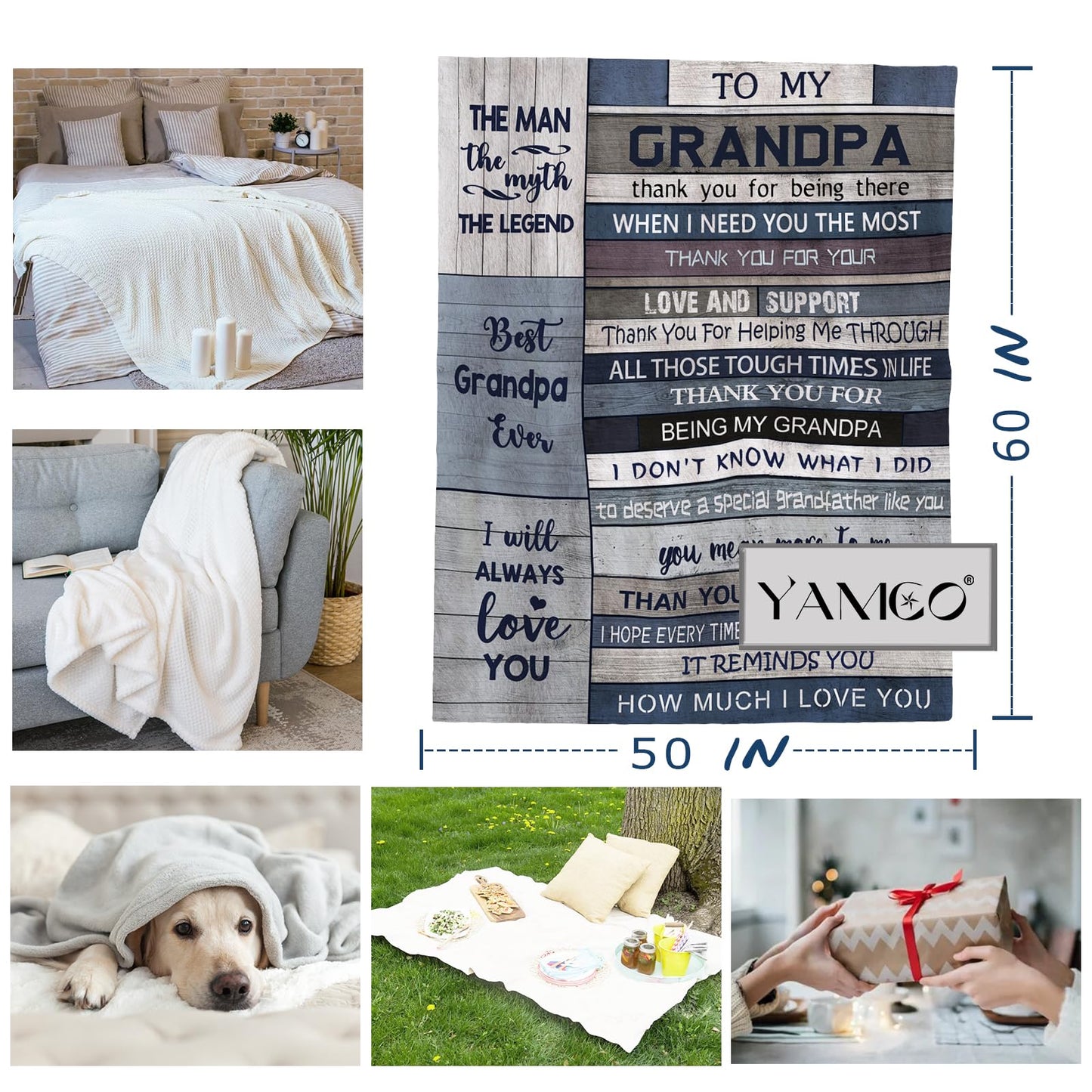 Yamco Grandpa Gifts - Gifts for Grandfather 60" x 50" Blanket - Unique Papa Presents from Grandson - Great Fathers Day Birthday Gifts for Grandfather - Best Pop Pop Gift Ideas for Paw Paw