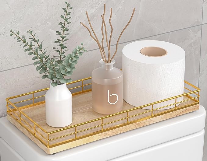 Toilet Paper Basket Organizer â Oak Wood Toilet Tank Tray with Metal Frame, Back of Tank or Top Bathroom Counter Storage â Gold & Oak Modern Decor