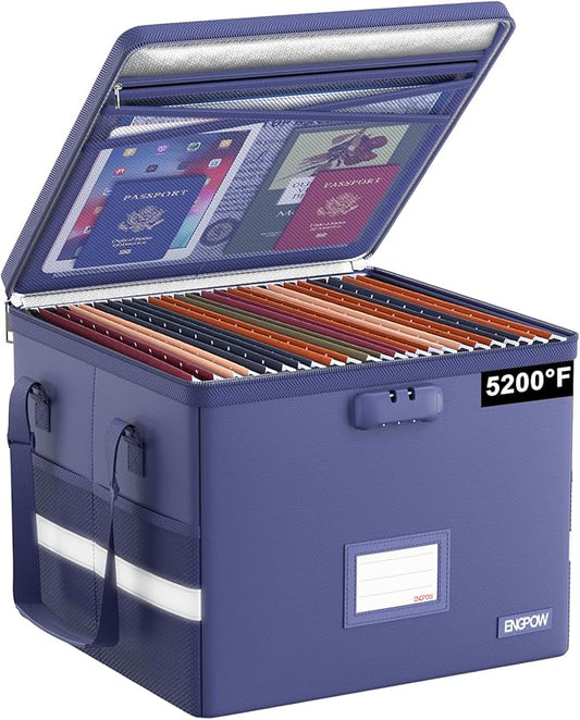 ENGPOW 5200Â°F File Box Fireproof Document Box with Lock,Heat Insulated Collapsible File Storage Organizer Box with Handle,Portable Home Office File Cabinet for Hanging Letter/Legal Size Folder, Blue