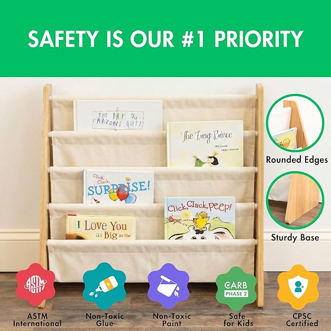 Humble Crew 4-Tier Kids Bookshelf, Natural/White - Premium Book Shelf for Kids Rooms with Four Deep Pockets - Toddler Sling Book Rack with Deep Sleeves, Nursery Bookcase Organizer
