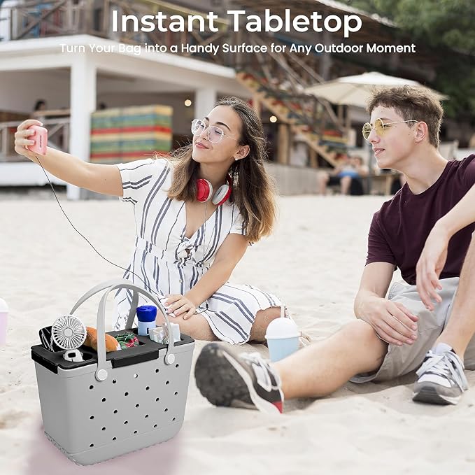 Tote Topper Tray Accessories for Bogg Bag Large - Waterproof EVA Table Top Organizer Lid with Cup Holder, Snack, Phone & Drink Holders for Beach, Pool, Picnic, Travel (Black)