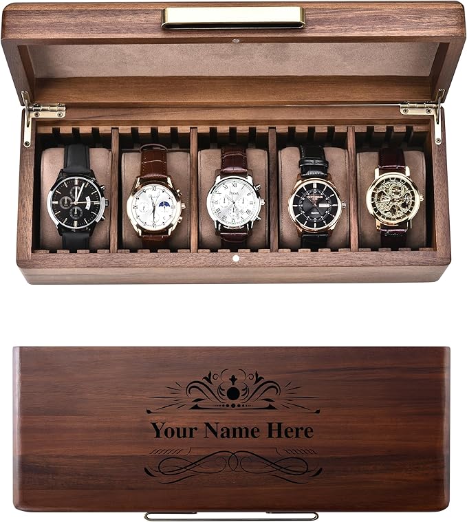 Shanik Wooden Watch Box for Men â 5 Slot Storage Case with Velvet Pillows, Natural Acacia Wood Organizer for Large Watches, Luxury Gift for Him