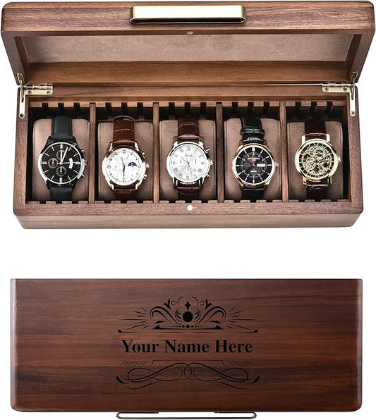 Shanik Wooden Watch Box for Men â 5 Slot Storage Case with Velvet Pillows, Natural Acacia Wood Organizer for Large Watches, Luxury Gift for Him