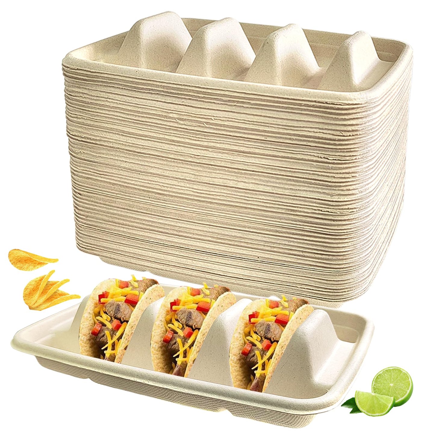 Sibosen 50PCS Disposable Taco Holder for Partyï¼Disposable Taco Plates with 3 Dividers Disposable Taco Holders for Taco Tray Holder, Pulp Fiber Plates Disposable for Taco Tuesday Lazy Susan Taco Bar