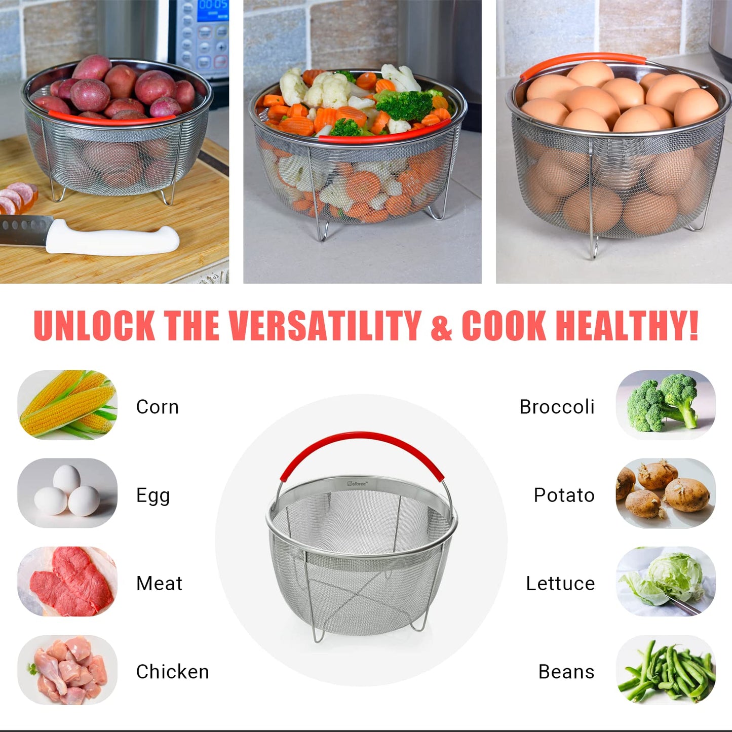 Original Salbree Steamer Basket for 6 qt quart Instant Pot Accessories, Stainless Steel Strainer and Insert fits IP Insta Pots, Instapot, Other Pressure Cookers, with Silicone Handle [3qt 8qt avail]