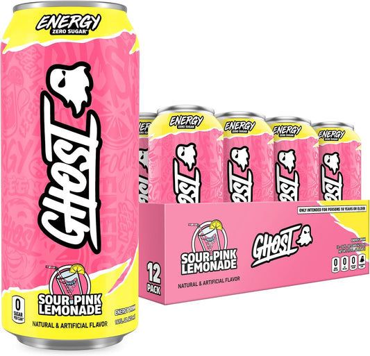 GHOST Energy Drink - 12-Pack, Sour Pink Lemonade, 16oz Cans - Energy & Focus & No Artificial Colors - 200mg of Natural Caffeine, L-Carnitine & Taurine - Gluten-Free & Vegan