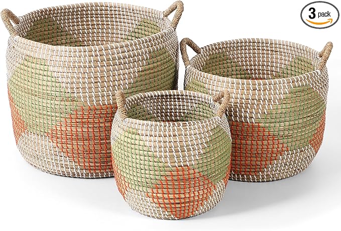 Laundry Basket, 3 Pack Seagrass Baskets, Handwoven Woven Laundry Hamper with Handles, 56L, 28L, 15L for Decor Storage of Dirty Clothes,Toys and Blankets in Bathroom, Nursery, Living Room