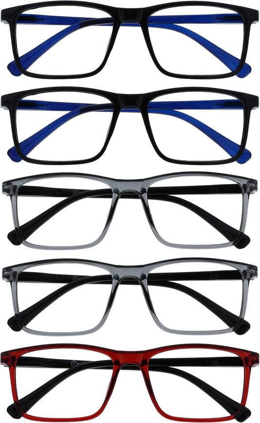 OPULIZE INK Reading Glasses - Value 5 Pack - Large Rectangular Frame - Spring Hinges - Scratch Resistant - Black Grey Red - Mens Womens +3.00