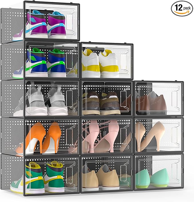 12 Pack XX Large Shoe Organizer Storage Boxes for Closet, Modular Space Saving Shoe Boxes Clear Plastic Stackable Sneaker Containers Display Case with Lids, Black