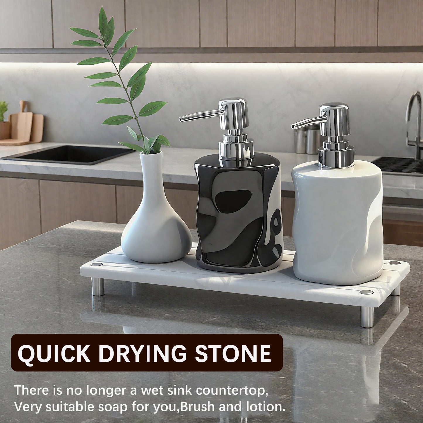 Quick Dry Sink Caddy Kitchen Sink Organizer, Water Absorbing Stone Tray for Sink, Stone Drying Tray, Diatomite Faucet Mat & Protector, Dispenser Sponge Holder, Stone Soap Tray for Bathroom Counter