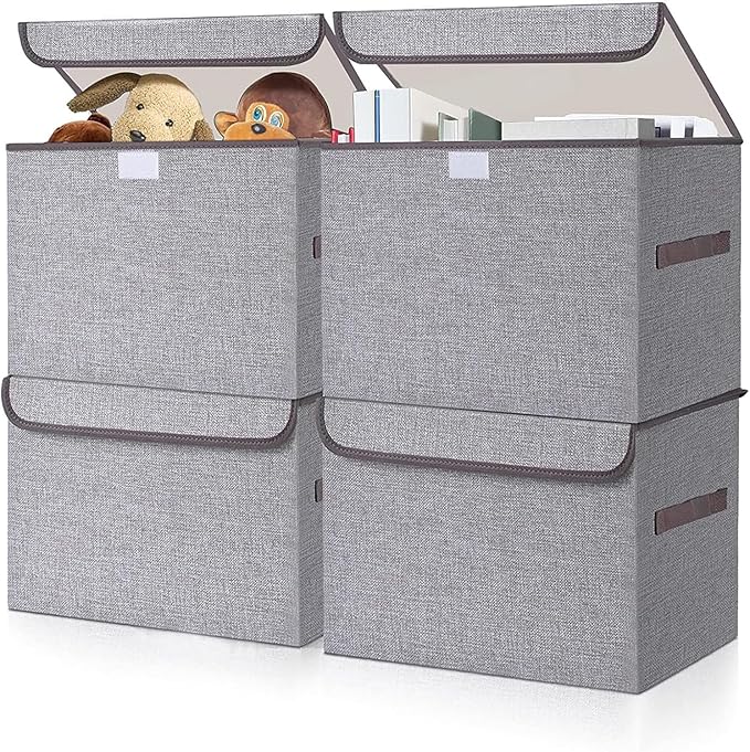 Large 22 Quart Linen Fabric Foldable Storage Bin Cube Organizer Basket with Flip-Top Lid & Handles, Clothes Blanket Box for Home, Office, Closet, Gray, 4 Pack 14.6 x 9.5 x 9.5â