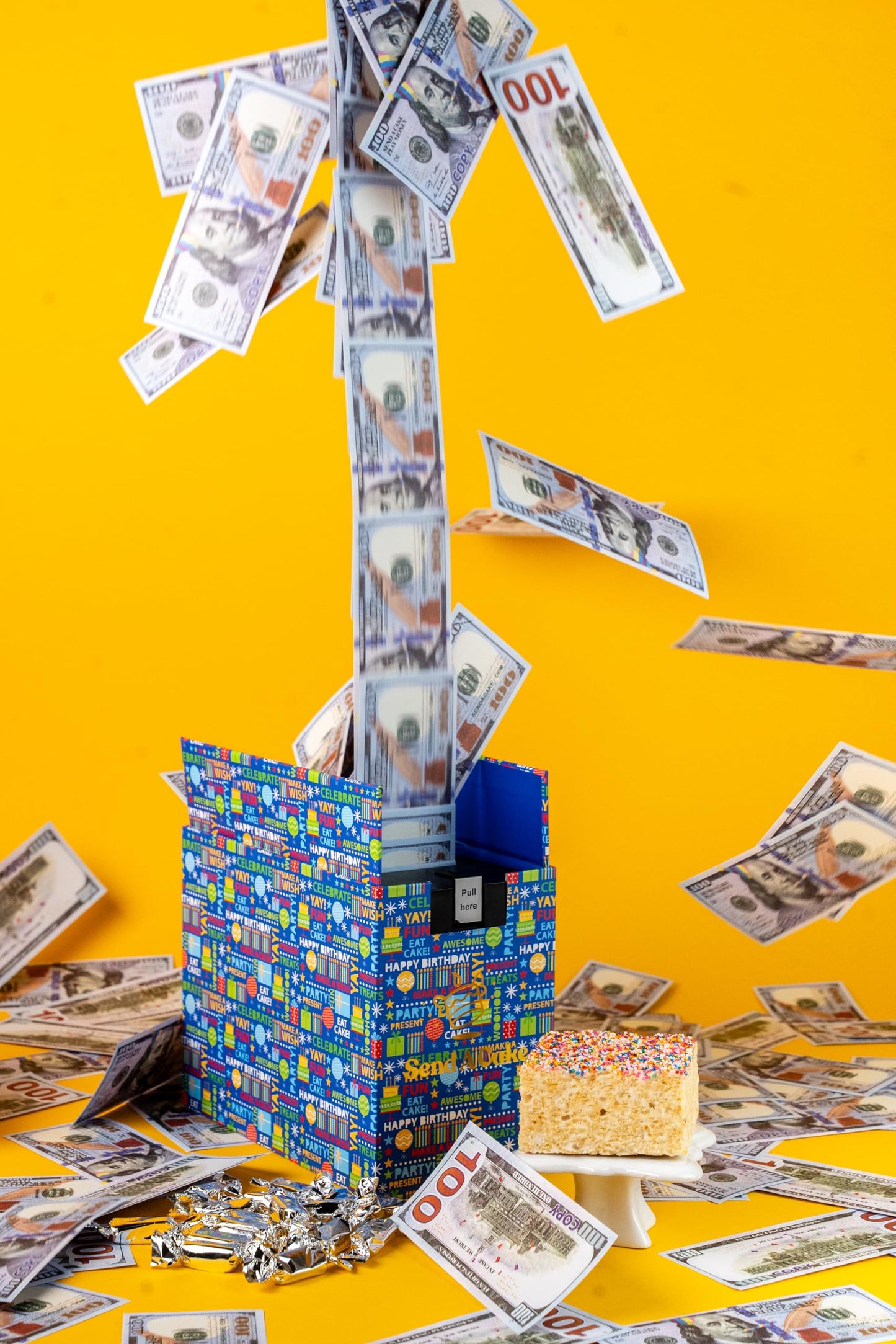 Birthday Billionaire Box by Send A Cake, Ready to Gift, No Assembly Required - with Music, Sweet Caramels & Delicious 3" Rainbow Sprinkle Dots Cake for Delivery - Gift for Women, Men, Sister, Mom, Dad, Best Friend, Adults, Kids