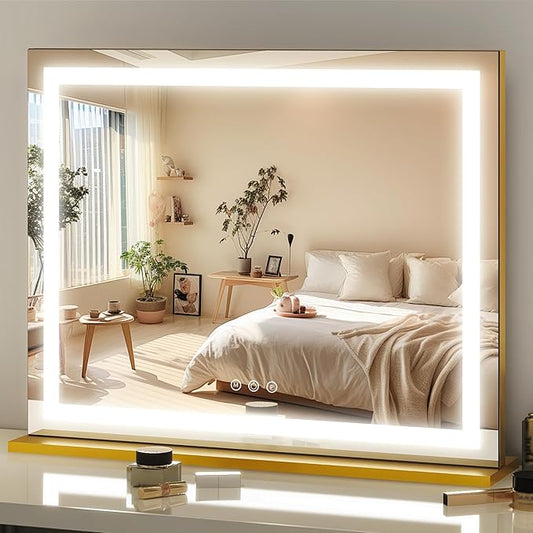 FENNIO 23" x 18" Vanity Mirror with Lightsï¼LED Makeup Mirrorï¼Hollywood Mirror with 3 Color Modes & Adjustable Brightnessï¼Vanity Mirror Square Gold