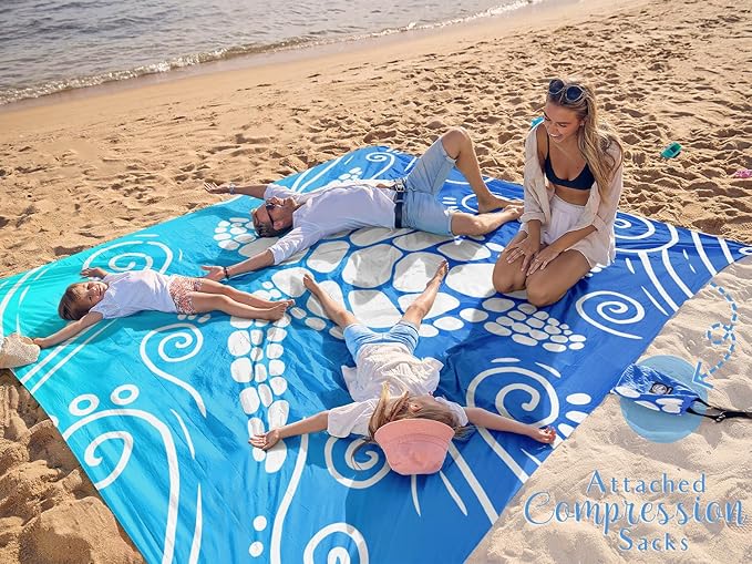 WEKAPO Beach Blanket Waterproof Sandproof Oversized Extra Large Sand Free Beach Mat with Stakes, Storage Bag - Essentials for Outdoor Beach, Picnic (Gradient Blue Sea Turtle, 8 X 7 FT (1~4 Person))