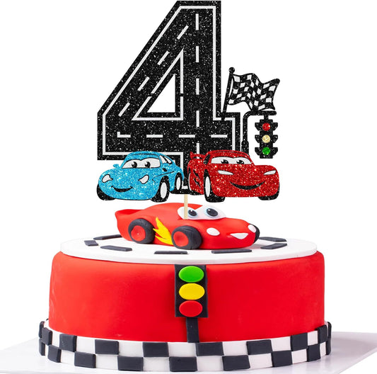 Ephlyn 1Pc Race Car 4th Birthday Cake Topper Glitter 4th Racing Car Birthday Cake Decoration for Racing Car Checkered Flag Themed Girl Boy 4 Years Birthday Party Supplies