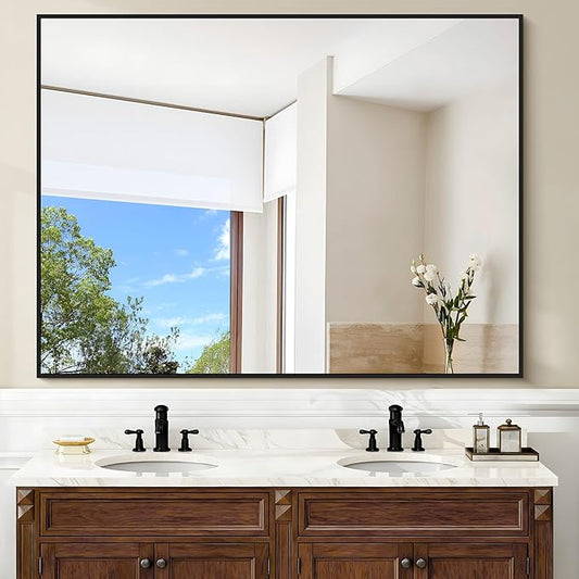 Black Bathroom Mirror, 48"X36" Rectangle Mirrors for Wall Metal Frame, Modern Vanity Wall Mirror for Bathroom Living Room, Entryway Hangs Horizontal or Vertical